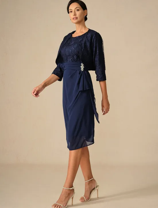 Women's Wedding Guest Cocktail Dress Set Chiffon Lace Patchwork Elegant Spring Fall Midi Dress Crew Neck 3/4 Length Sleeve Women Chiffon Dresses