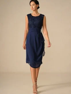 Women's Wedding Guest Cocktail Dress Set Chiffon Lace Patchwork Elegant Spring Fall Midi Dress Crew Neck 3/4 Length Sleeve Women Chiffon Dresses
