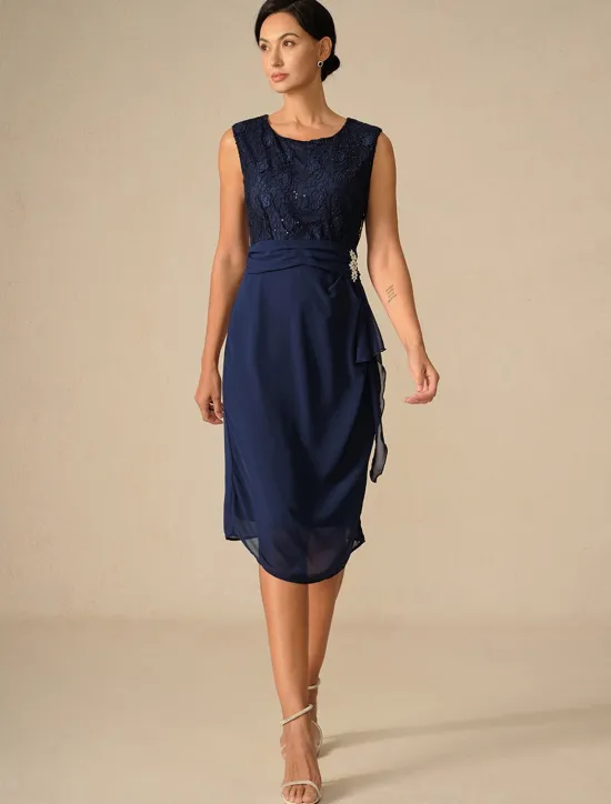 Women's Wedding Guest Cocktail Dress Set Chiffon Lace Patchwork Elegant Spring Fall Midi Dress Crew Neck 3/4 Length Sleeve Women Chiffon Dresses