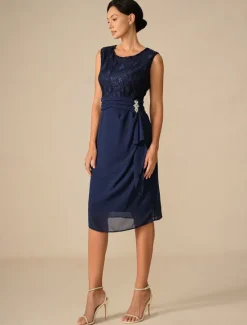 Women's Wedding Guest Cocktail Dress Set Chiffon Lace Patchwork Elegant Spring Fall Midi Dress Crew Neck 3/4 Length Sleeve Women Chiffon Dresses
