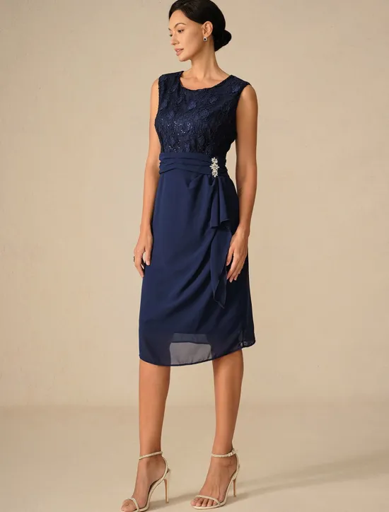 Women's Wedding Guest Cocktail Dress Set Chiffon Lace Patchwork Elegant Spring Fall Midi Dress Crew Neck 3/4 Length Sleeve Women Chiffon Dresses