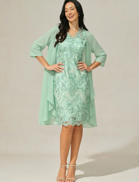 New Women's Wedding Guest Cocktail Dress Set Chiffon Lace V Neck 3/4 Length Sleeve Mini Dress Party Elegant Formal Summer Spring Women Chiffon Dresses|Cocktail Dress