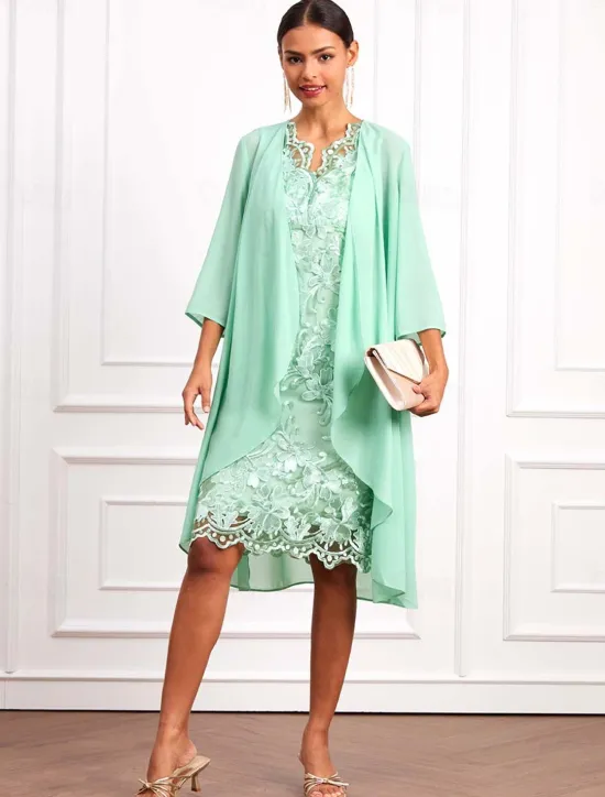New Women's Wedding Guest Cocktail Dress Set Chiffon Lace V Neck 3/4 Length Sleeve Mini Dress Party Elegant Formal Summer Spring Women Chiffon Dresses|Cocktail Dress