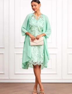 New Women's Wedding Guest Cocktail Dress Set Chiffon Lace V Neck 3/4 Length Sleeve Mini Dress Party Elegant Formal Summer Spring Women Chiffon Dresses|Cocktail Dress