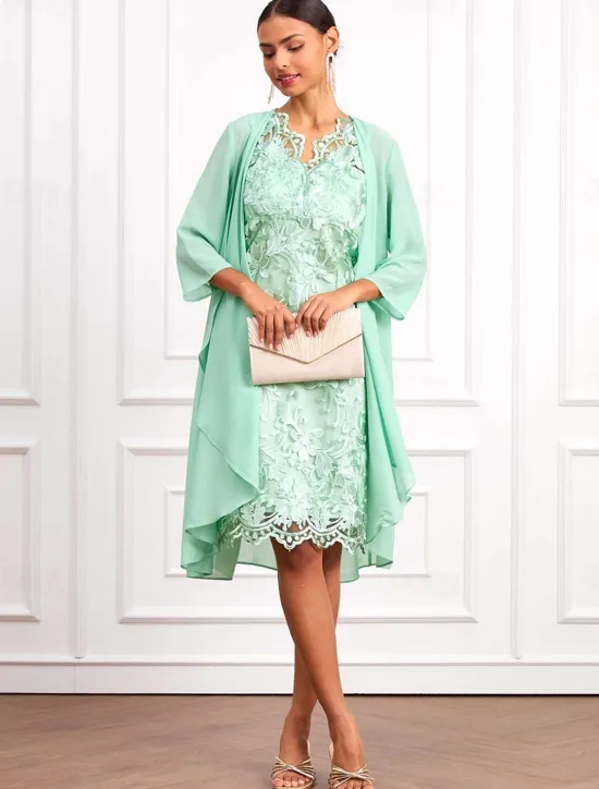 New Women's Wedding Guest Cocktail Dress Set Chiffon Lace V Neck 3/4 Length Sleeve Mini Dress Party Elegant Formal Summer Spring Women Chiffon Dresses|Cocktail Dress
