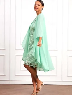 New Women's Wedding Guest Cocktail Dress Set Chiffon Lace V Neck 3/4 Length Sleeve Mini Dress Party Elegant Formal Summer Spring Women Chiffon Dresses|Cocktail Dress