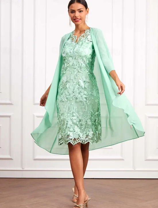 New Women's Wedding Guest Cocktail Dress Set Chiffon Lace V Neck 3/4 Length Sleeve Mini Dress Party Elegant Formal Summer Spring Women Chiffon Dresses|Cocktail Dress