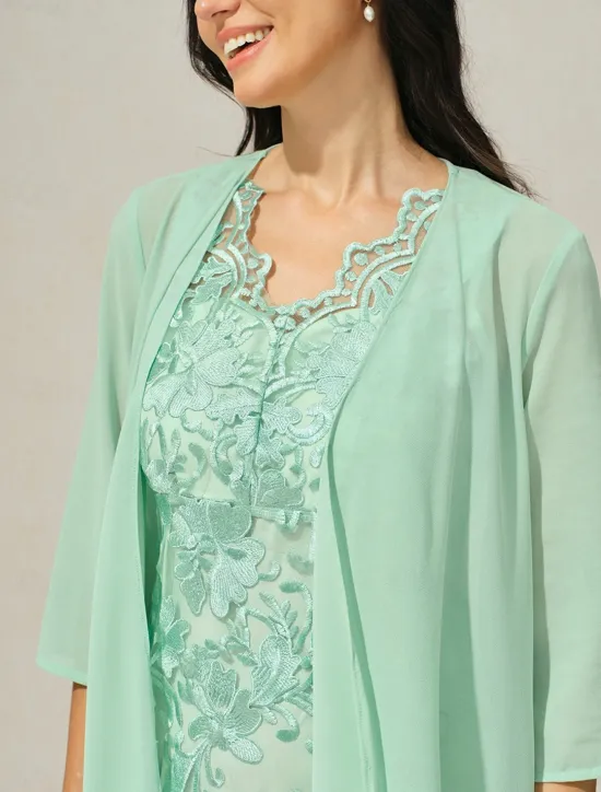 New Women's Wedding Guest Cocktail Dress Set Chiffon Lace V Neck 3/4 Length Sleeve Mini Dress Party Elegant Formal Summer Spring Women Chiffon Dresses|Cocktail Dress