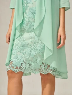New Women's Wedding Guest Cocktail Dress Set Chiffon Lace V Neck 3/4 Length Sleeve Mini Dress Party Elegant Formal Summer Spring Women Chiffon Dresses|Cocktail Dress