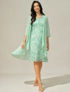 New Women's Wedding Guest Cocktail Dress Set Chiffon Lace V Neck 3/4 Length Sleeve Mini Dress Party Elegant Formal Summer Spring Women Chiffon Dresses|Cocktail Dress