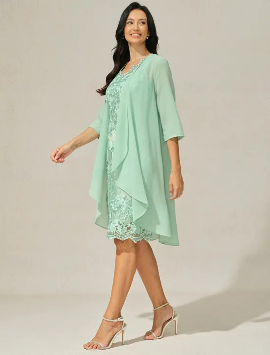 New Women's Wedding Guest Cocktail Dress Set Chiffon Lace V Neck 3/4 Length Sleeve Mini Dress Party Elegant Formal Summer Spring Women Chiffon Dresses|Cocktail Dress