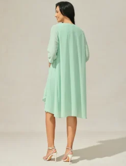 New Women's Wedding Guest Cocktail Dress Set Chiffon Lace V Neck 3/4 Length Sleeve Mini Dress Party Elegant Formal Summer Spring Women Chiffon Dresses|Cocktail Dress