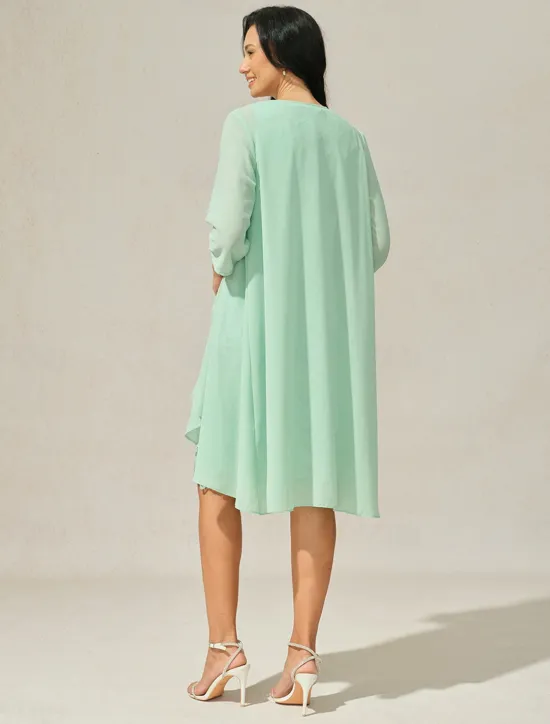 New Women's Wedding Guest Cocktail Dress Set Chiffon Lace V Neck 3/4 Length Sleeve Mini Dress Party Elegant Formal Summer Spring Women Chiffon Dresses|Cocktail Dress