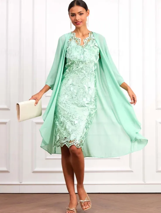 New Women's Wedding Guest Cocktail Dress Set Chiffon Lace V Neck 3/4 Length Sleeve Mini Dress Party Elegant Formal Summer Spring Women Chiffon Dresses|Cocktail Dress
