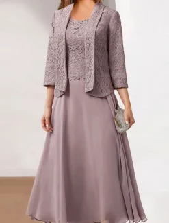 Hot Women's Wedding Guest Cocktail Dress Chiffon Fashion Lace Patchwork Elegant Two Piece Dress Set Fall Winter Midi Dress Crew Neck 3/4 Length Sleeve Plain Loose Fit Women Chiffon Dresses