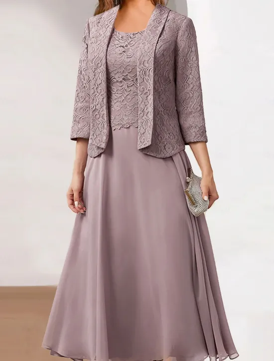 Hot Women's Wedding Guest Cocktail Dress Chiffon Fashion Lace Patchwork Elegant Two Piece Dress Set Fall Winter Midi Dress Crew Neck 3/4 Length Sleeve Plain Loose Fit Women Chiffon Dresses