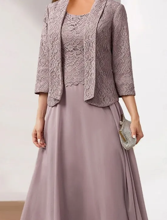 Hot Women's Wedding Guest Cocktail Dress Chiffon Fashion Lace Patchwork Elegant Two Piece Dress Set Fall Winter Midi Dress Crew Neck 3/4 Length Sleeve Plain Loose Fit Women Chiffon Dresses