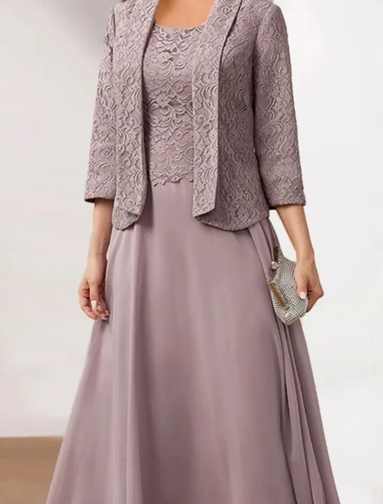 Hot Women's Wedding Guest Cocktail Dress Chiffon Fashion Lace Patchwork Elegant Two Piece Dress Set Fall Winter Midi Dress Crew Neck 3/4 Length Sleeve Plain Loose Fit Women Chiffon Dresses