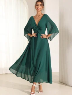 Online Women's Wedding Guest Cocktail Dress Chiffon Plain Ruffle Twisted Elegant Summer Maxi Dress V Neck Flared 3/4 Length Sleeve Women Cocktail Dress|Chiffon Dresses