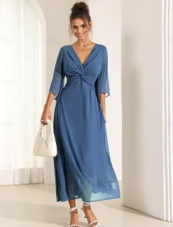 Online Women's Wedding Guest Cocktail Dress Chiffon Plain Ruffle Twisted Elegant Summer Maxi Dress V Neck Flared 3/4 Length Sleeve Women Cocktail Dress|Chiffon Dresses