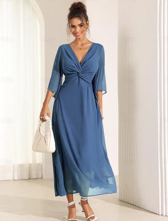 Online Women's Wedding Guest Cocktail Dress Chiffon Plain Ruffle Twisted Elegant Summer Maxi Dress V Neck Flared 3/4 Length Sleeve Women Cocktail Dress|Chiffon Dresses
