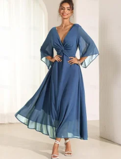 Online Women's Wedding Guest Cocktail Dress Chiffon Plain Ruffle Twisted Elegant Summer Maxi Dress V Neck Flared 3/4 Length Sleeve Women Cocktail Dress|Chiffon Dresses