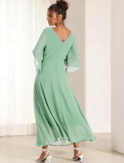 Online Women's Wedding Guest Cocktail Dress Chiffon Plain Ruffle Twisted Elegant Summer Maxi Dress V Neck Flared 3/4 Length Sleeve Women Cocktail Dress|Chiffon Dresses