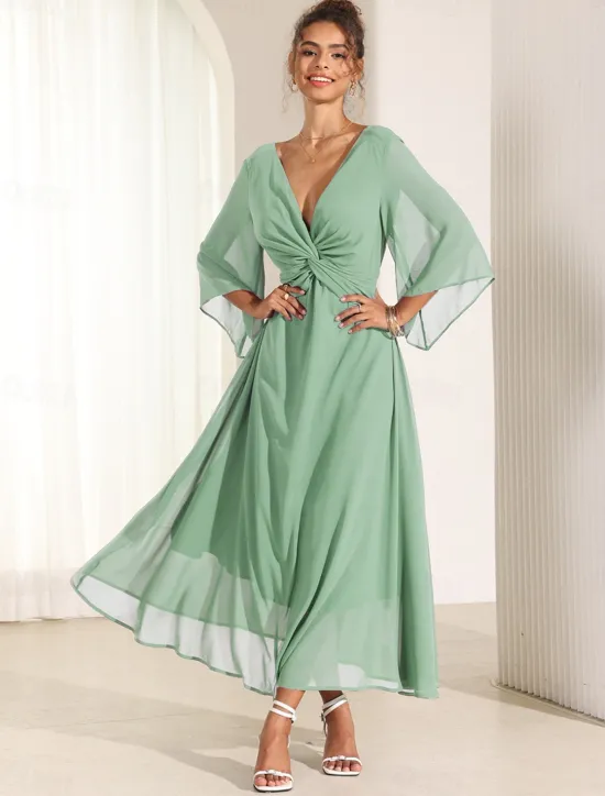 Online Women's Wedding Guest Cocktail Dress Chiffon Plain Ruffle Twisted Elegant Summer Maxi Dress V Neck Flared 3/4 Length Sleeve Women Cocktail Dress|Chiffon Dresses