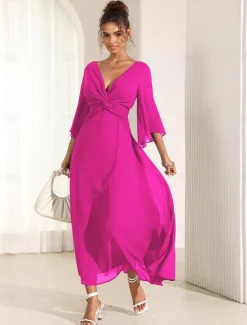 Online Women's Wedding Guest Cocktail Dress Chiffon Plain Ruffle Twisted Elegant Summer Maxi Dress V Neck Flared 3/4 Length Sleeve Women Cocktail Dress|Chiffon Dresses