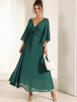 Online Women's Wedding Guest Cocktail Dress Chiffon Plain Ruffle Twisted Elegant Summer Maxi Dress V Neck Flared 3/4 Length Sleeve Women Cocktail Dress|Chiffon Dresses