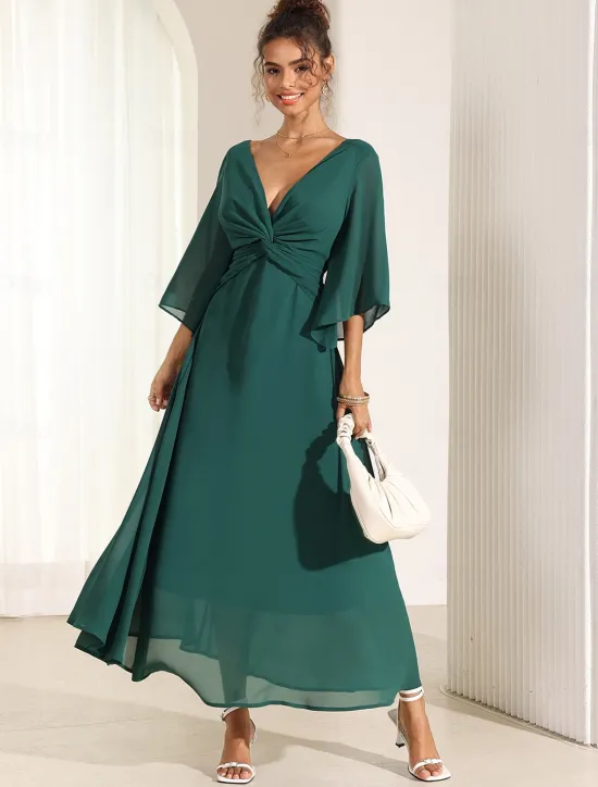 Online Women's Wedding Guest Cocktail Dress Chiffon Plain Ruffle Twisted Elegant Summer Maxi Dress V Neck Flared 3/4 Length Sleeve Women Cocktail Dress|Chiffon Dresses
