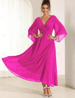 Online Women's Wedding Guest Cocktail Dress Chiffon Plain Ruffle Twisted Elegant Summer Maxi Dress V Neck Flared 3/4 Length Sleeve Women Cocktail Dress|Chiffon Dresses