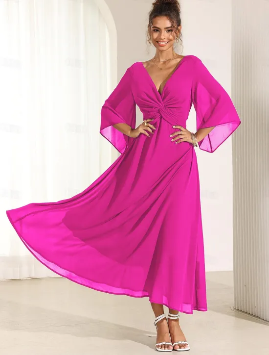 Online Women's Wedding Guest Cocktail Dress Chiffon Plain Ruffle Twisted Elegant Summer Maxi Dress V Neck Flared 3/4 Length Sleeve Women Cocktail Dress|Chiffon Dresses