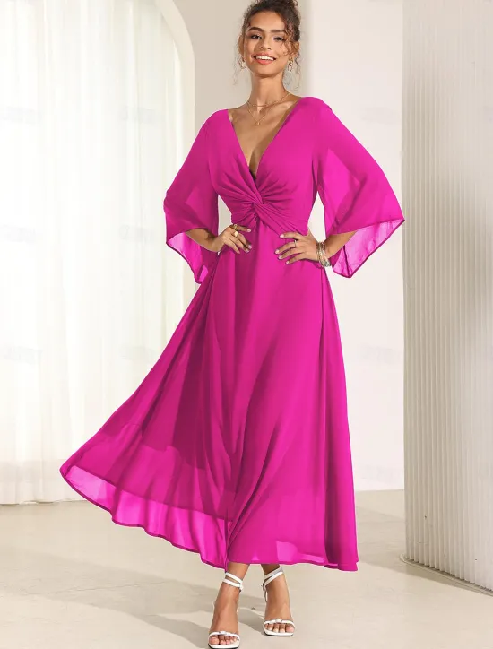 Online Women's Wedding Guest Cocktail Dress Chiffon Plain Ruffle Twisted Elegant Summer Maxi Dress V Neck Flared 3/4 Length Sleeve Women Cocktail Dress|Chiffon Dresses