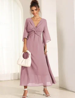 Online Women's Wedding Guest Cocktail Dress Chiffon Plain Ruffle Twisted Elegant Summer Maxi Dress V Neck Flared 3/4 Length Sleeve Women Cocktail Dress|Chiffon Dresses