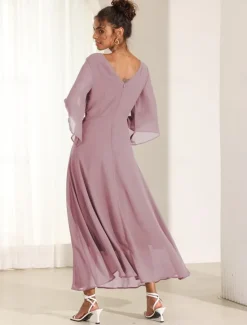 Online Women's Wedding Guest Cocktail Dress Chiffon Plain Ruffle Twisted Elegant Summer Maxi Dress V Neck Flared 3/4 Length Sleeve Women Cocktail Dress|Chiffon Dresses