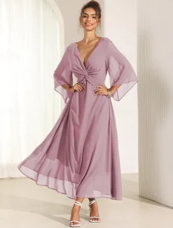 Online Women's Wedding Guest Cocktail Dress Chiffon Plain Ruffle Twisted Elegant Summer Maxi Dress V Neck Flared 3/4 Length Sleeve Women Cocktail Dress|Chiffon Dresses