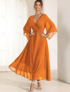 Online Women's Wedding Guest Cocktail Dress Chiffon Plain Ruffle Twisted Elegant Summer Maxi Dress V Neck Flared 3/4 Length Sleeve Women Cocktail Dress|Chiffon Dresses