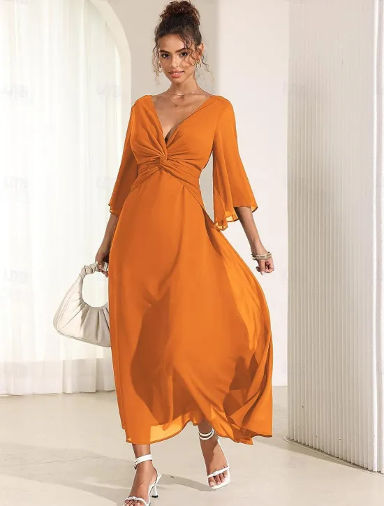 Online Women's Wedding Guest Cocktail Dress Chiffon Plain Ruffle Twisted Elegant Summer Maxi Dress V Neck Flared 3/4 Length Sleeve Women Cocktail Dress|Chiffon Dresses