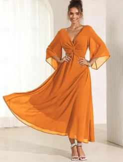 Online Women's Wedding Guest Cocktail Dress Chiffon Plain Ruffle Twisted Elegant Summer Maxi Dress V Neck Flared 3/4 Length Sleeve Women Cocktail Dress|Chiffon Dresses