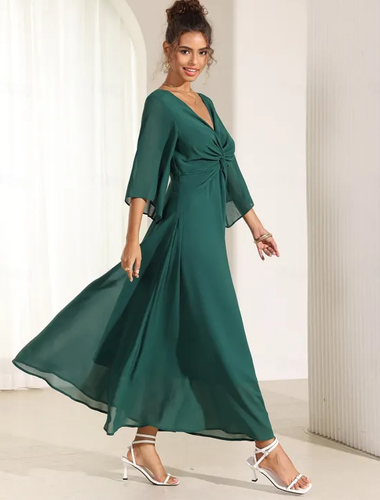 Online Women's Wedding Guest Cocktail Dress Chiffon Plain Ruffle Twisted Elegant Summer Maxi Dress V Neck Flared 3/4 Length Sleeve Women Cocktail Dress|Chiffon Dresses