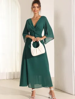 Online Women's Wedding Guest Cocktail Dress Chiffon Plain Ruffle Twisted Elegant Summer Maxi Dress V Neck Flared 3/4 Length Sleeve Women Cocktail Dress|Chiffon Dresses