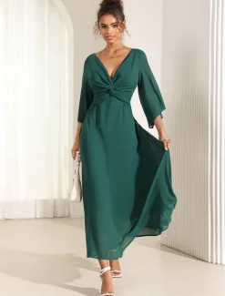 Online Women's Wedding Guest Cocktail Dress Chiffon Plain Ruffle Twisted Elegant Summer Maxi Dress V Neck Flared 3/4 Length Sleeve Women Cocktail Dress|Chiffon Dresses