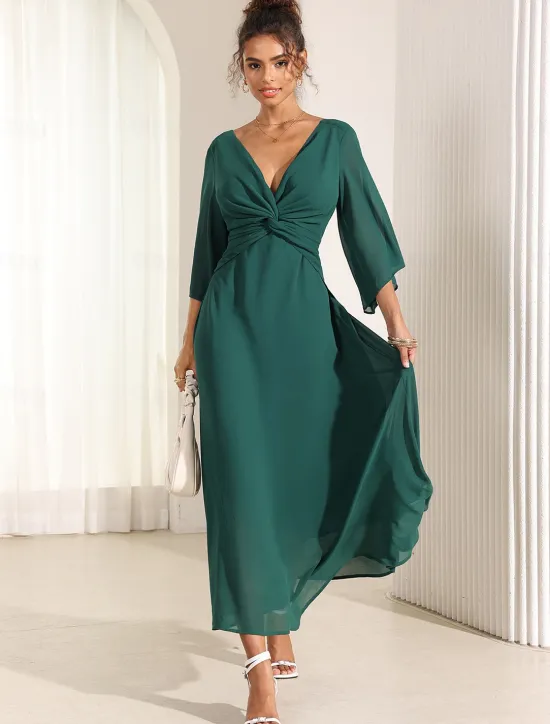 Online Women's Wedding Guest Cocktail Dress Chiffon Plain Ruffle Twisted Elegant Summer Maxi Dress V Neck Flared 3/4 Length Sleeve Women Cocktail Dress|Chiffon Dresses