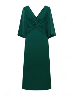 Online Women's Wedding Guest Cocktail Dress Chiffon Plain Ruffle Twisted Elegant Summer Maxi Dress V Neck Flared 3/4 Length Sleeve Women Cocktail Dress|Chiffon Dresses