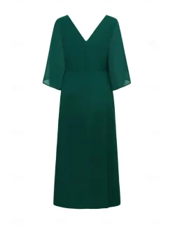 Online Women's Wedding Guest Cocktail Dress Chiffon Plain Ruffle Twisted Elegant Summer Maxi Dress V Neck Flared 3/4 Length Sleeve Women Cocktail Dress|Chiffon Dresses