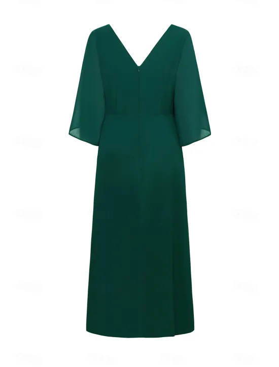 Online Women's Wedding Guest Cocktail Dress Chiffon Plain Ruffle Twisted Elegant Summer Maxi Dress V Neck Flared 3/4 Length Sleeve Women Cocktail Dress|Chiffon Dresses
