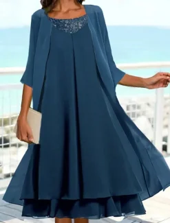 Sale Women's Wedding Guest Cocktail Dress Chiffon Fashion Layered Casual Elegant Two Piece Dress Set Midi Fall Winter Dress Crew Neck 3/4 Length Sleeve Plain Women Chiffon Dresses