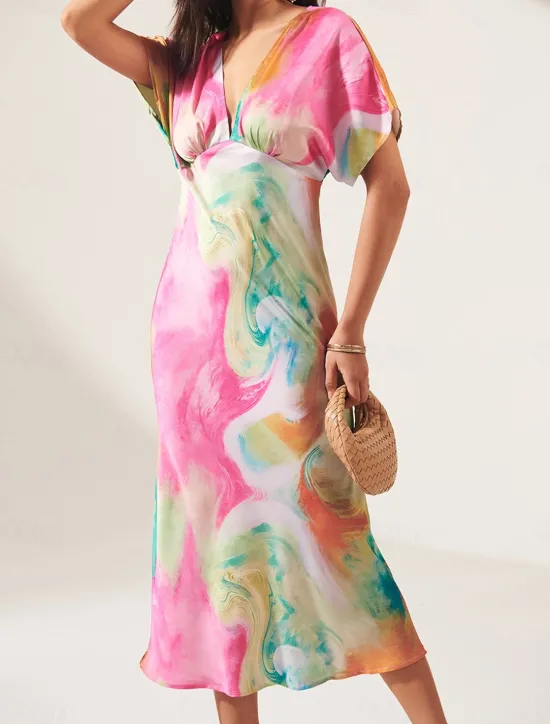 Women's Wedding Guest Dress Ombre Print V Neck Midi Dress Elegant Date Short Sleeve Regular Fit Vacation Daily Summer Dress Women Vacation Dresses