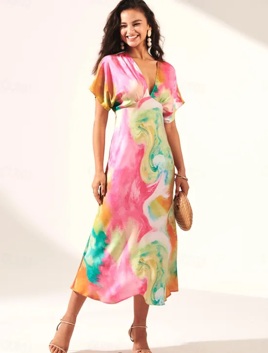 Women's Wedding Guest Dress Ombre Print V Neck Midi Dress Elegant Date Short Sleeve Regular Fit Vacation Daily Summer Dress Women Vacation Dresses
